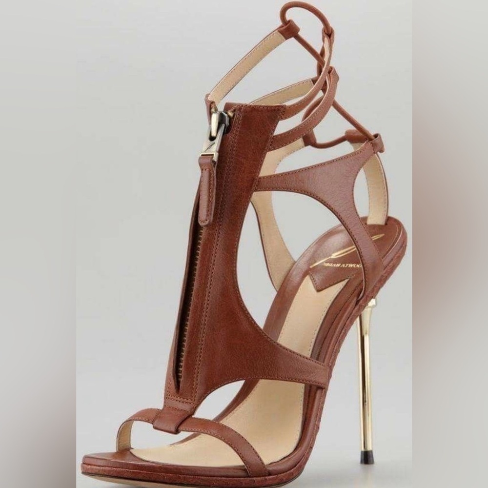 Brian Atwood Brown Leather Strappy High Heel Sandal with Gold Stiletto